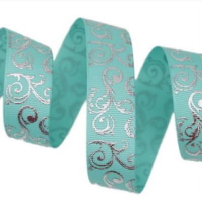 Silver Foil Swirl on Mint Green Grosgrain Ribbon (25mm) 1 Metre Lengths Alicia's Craft Supplies