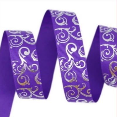 Silver Foil Swirl on Purple Grosgrain Ribbon (25mm) 1 Metre Lengths Alicia's Craft Supplies