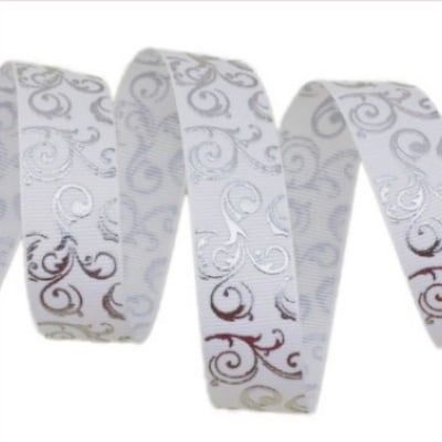 Silver Foil Swirl on White Grosgrain Ribbon (25mm) 1 Metre Lengths Alicia's Craft Supplies