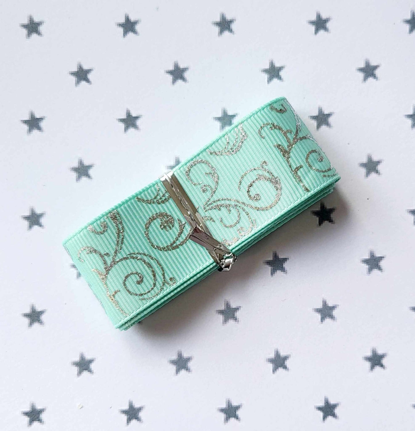 Mint Green Grosgrain Ribbon with Silver Foil Swirls 25mm