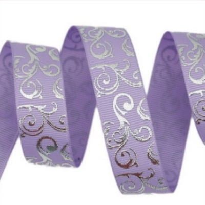 Silver Foil Swirl on Lilac Grosgrain Ribbon (25mm) 1 Metre Lengths Alicia's Craft Supplies