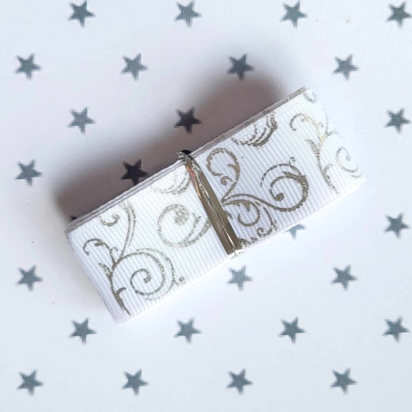 25mm White Silver Swirl Foil Embossed Grosgrain Ribbon 