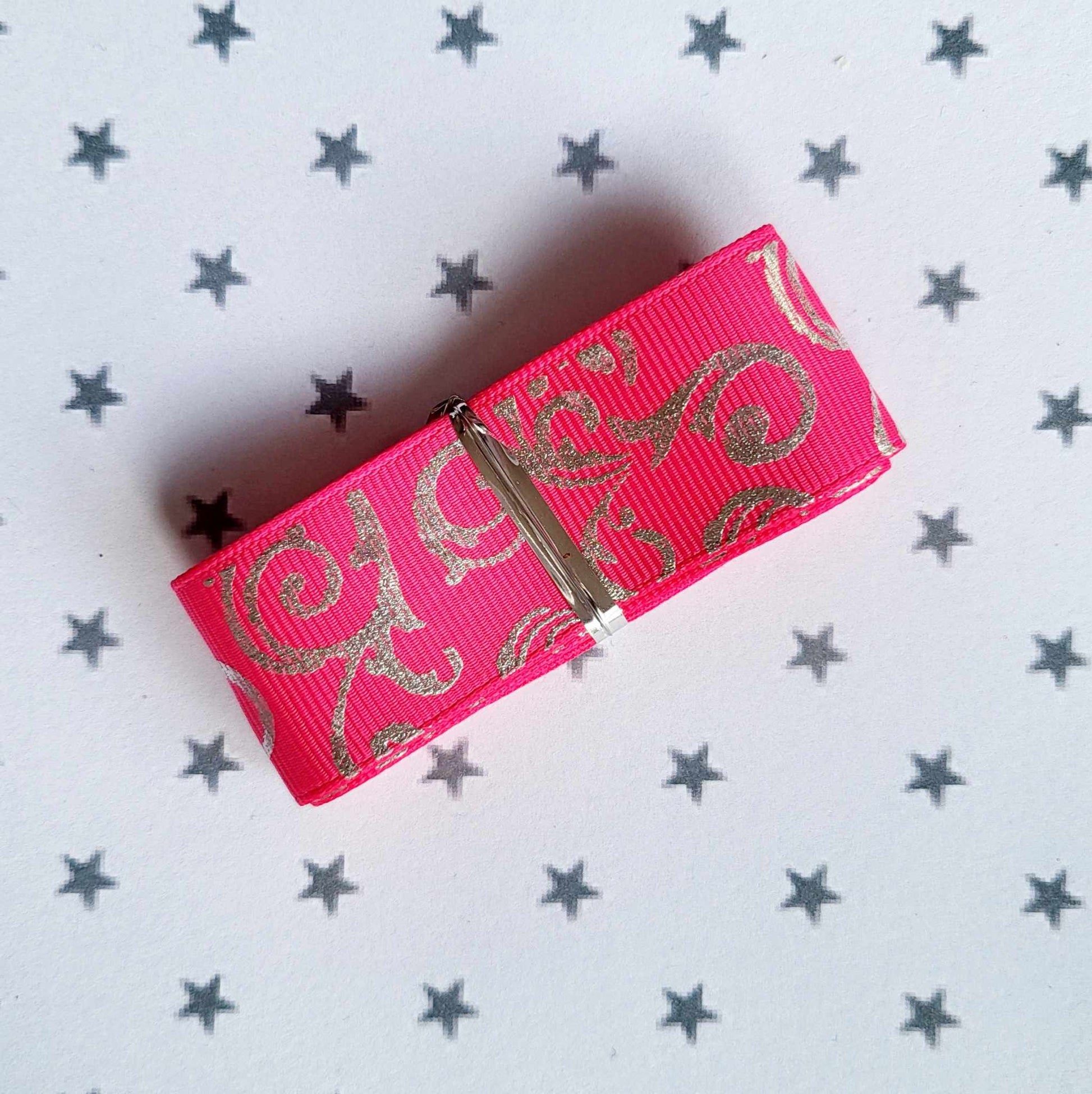 Dark Pink Grosgrain Ribbon with Silver Foil Swirls 25mm